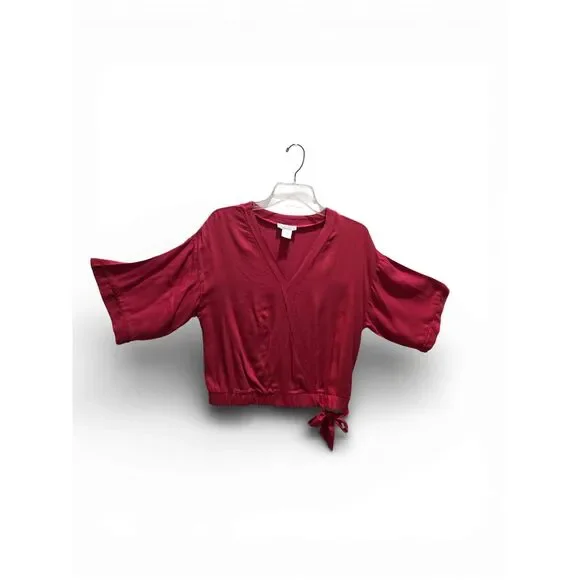 Women’s Burgundy Wrap Front Top | Short Sleeve Tie Waist Blouse | Medium - Picture 8 of 14